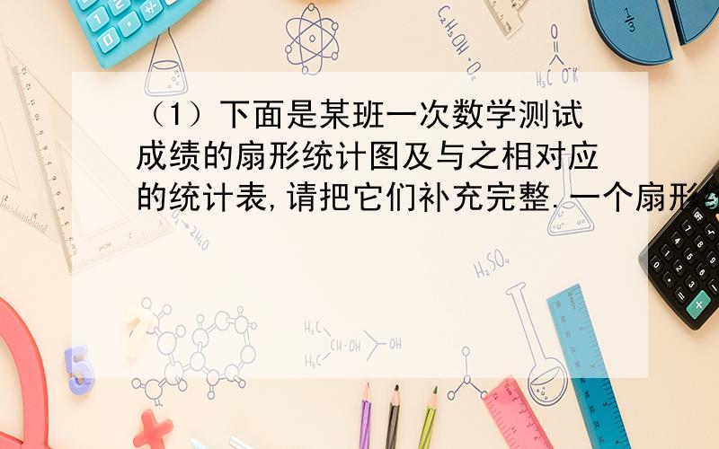 （1）下面是某班一次数学测试成绩的扇形统计图及与之相对应的统计表,请把它们补充完整.一个扇形统计图.不及格：5% 良：40% 及格（ ）% 优（ ）%成绩 优 良 及格 不及格 合计 人数 12 （ ）