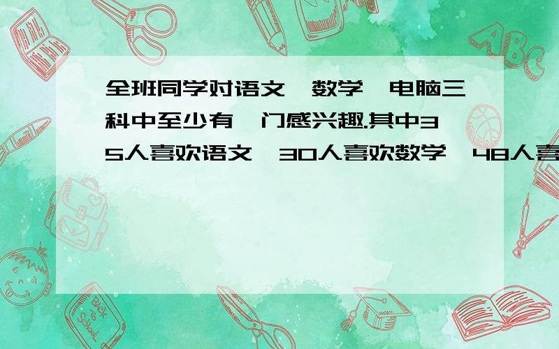 全班同学对语文、数学、电脑三科中至少有一门感兴趣.其中35人喜欢语文,30人喜欢数学,48人喜欢电脑.既喜欢语文又喜欢数学的有15人,既喜欢语文又喜欢电脑的有24人,既喜欢数学又喜欢电脑的