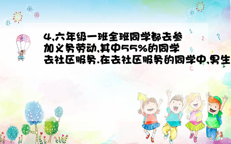 4,六年级一班全班同学都去参加义务劳动,其中55%的同学去社区服务.在去社区服务的同学中,男生比女生多2人,男生人数的三分之一与女生的五分之二相等,则六年级一班共有多少人?5,甲、乙两