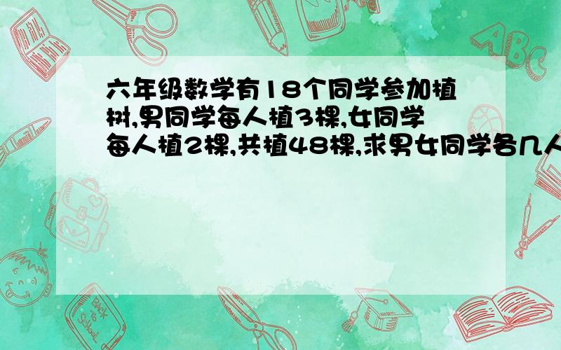 六年级数学有18个同学参加植树,男同学每人植3棵,女同学每人植2棵,共植48棵,求男女同学各几人列式