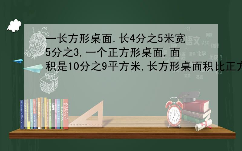 一长方形桌面,长4分之5米宽5分之3,一个正方形桌面,面积是10分之9平方米,长方形桌面积比正方形桌面的面少多少平方米.