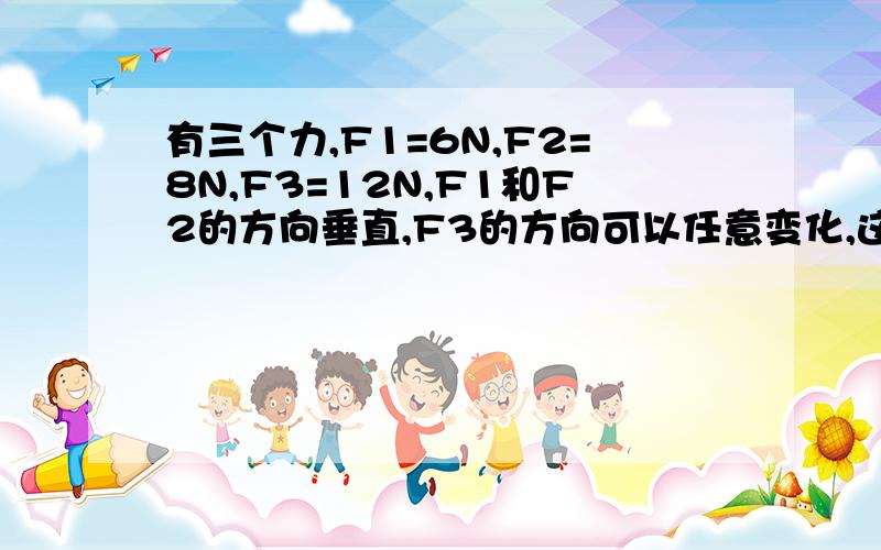 有三个力,F1=6N,F2=8N,F3=12N,F1和F2的方向垂直,F3的方向可以任意变化,这三个力的合力最大值是 最小值是?