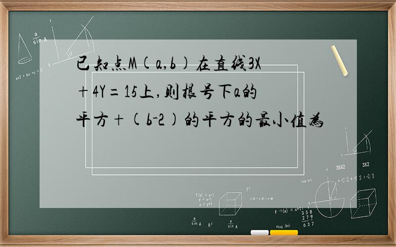 已知点M(a,b)在直线3X+4Y=15上,则根号下a的平方+(b-2)的平方的最小值为