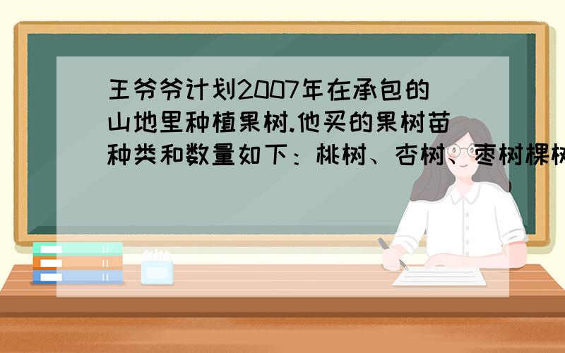 王爷爷计划2007年在承包的山地里种植果树.他买的果树苗种类和数量如下：桃树、杏树、枣树棵树的比是2：3：5,杏树24棵.梨树和苹果树一共360棵,梨树60棵.核桃树的棵树是苹果树的6分之1.(1)桃