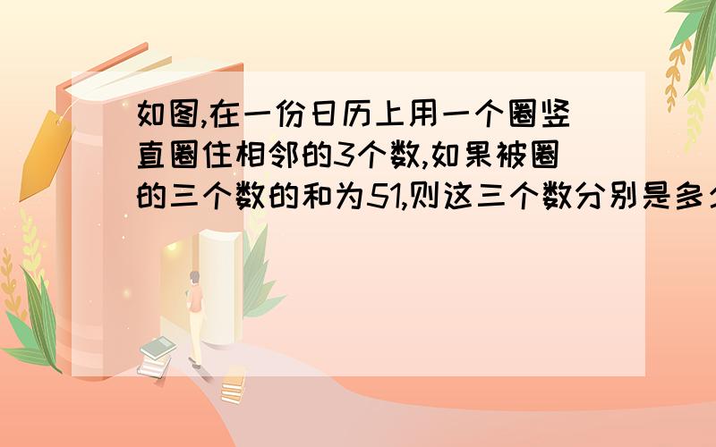 如图,在一份日历上用一个圈竖直圈住相邻的3个数,如果被圈的三个数的和为51,则这三个数分别是多少?