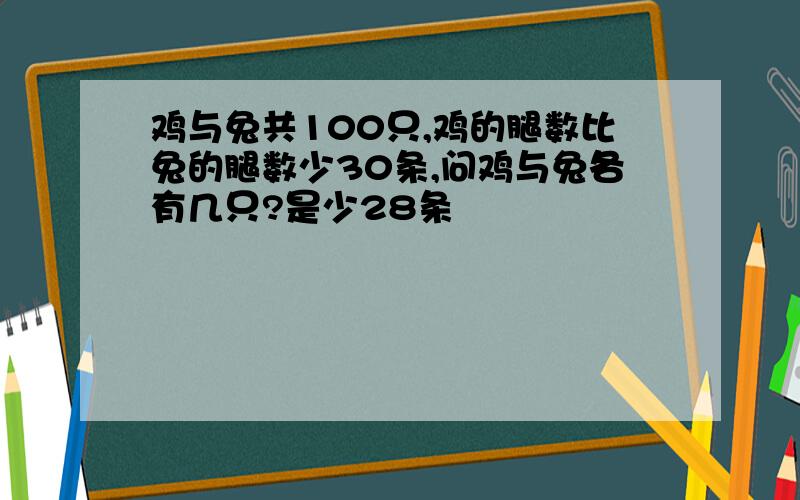 鸡与兔共100只,鸡的腿数比兔的腿数少30条,问鸡与兔各有几只?是少28条