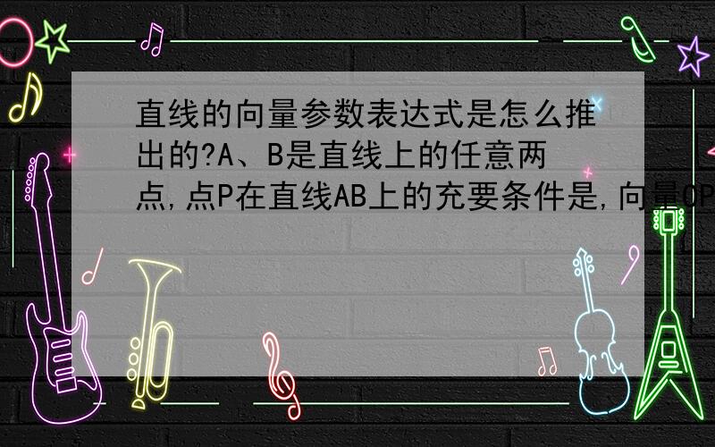 直线的向量参数表达式是怎么推出的?A、B是直线上的任意两点,点P在直线AB上的充要条件是,向量OP=（1-t)向量OA+t向量OB还有，其中t的几何意义是什么？