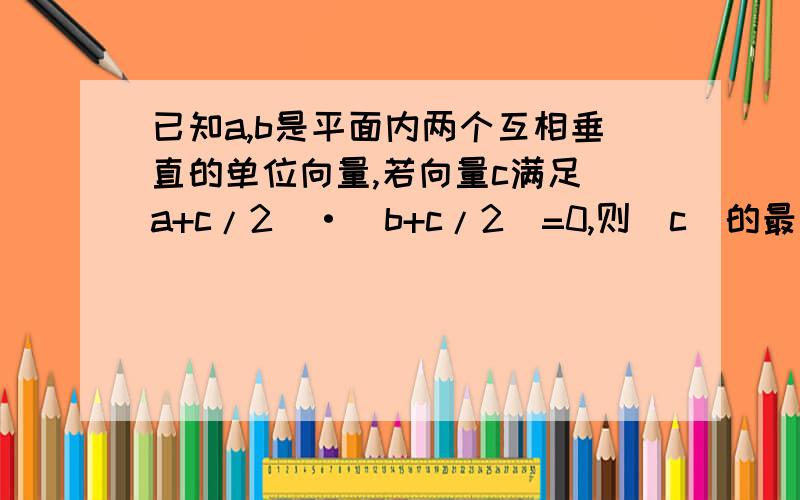 已知a,b是平面内两个互相垂直的单位向量,若向量c满足(a+c/2)·(b+c/2)=0,则|c|的最大值是