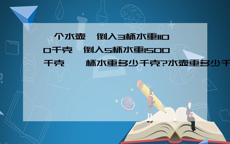 一个水壶,倒入3杯水重1100千克,倒入5杯水重1500千克,一杯水重多少千克?水壶重多少千克