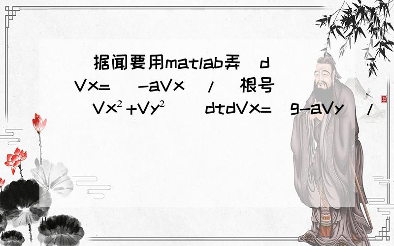 （据闻要用matlab弄）dVx= （-aVx）/（根号（Vx²+Vy²））dtdVx=（g-aVy）/（根号（Vx²+Vy²））dt其中g=1.6,a=3.125Vx（0）=1.6922*10³（在0时刻Vx的值）Vy（0）=0（在0时刻Vy的值）Vy（T）=57(