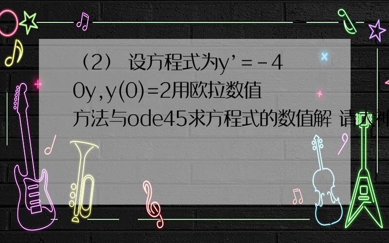 （2） 设方程式为y’=-40y,y(0)=2用欧拉数值方法与ode45求方程式的数值解 请大神用MATLAB编写啊