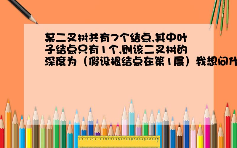 某二叉树共有7个结点,其中叶子结点只有1个,则该二叉树的深度为（假设根结点在第1层）我想问什么是度,度为0和度为2指的是什么?结点、叶子结点又是什么关系?求画图详解!