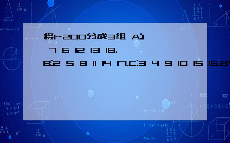 将1~200分成3组 A:1 7 6 12 13 18.B:2 5 8 11 14 17.C:3 4 9 10 15 16.B中有几个数A中第28是（?）