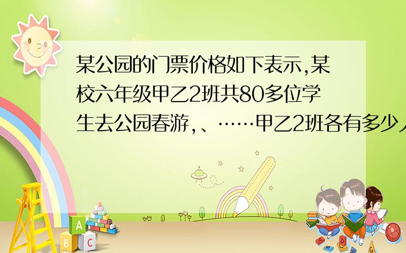 某公园的门票价格如下表示,某校六年级甲乙2班共80多位学生去公园春游,、……甲乙2班各有多少人,购票人数1~40人时,票价10元/人,41~80人时,票价8元/人,80人以上时,票价5元/人某公园的门票价格