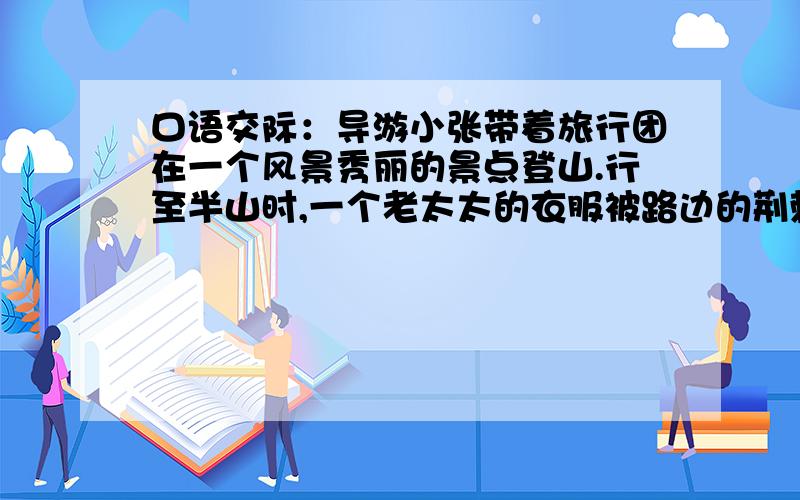 口语交际：导游小张带着旅行团在一个风景秀丽的景点登山.行至半山时,一个老太太的衣服被路边的荆棘划破了,她蹲在那儿再也不愿意登山了.导游走过去,笑眯眯的对她说：“（ ）.”老太太