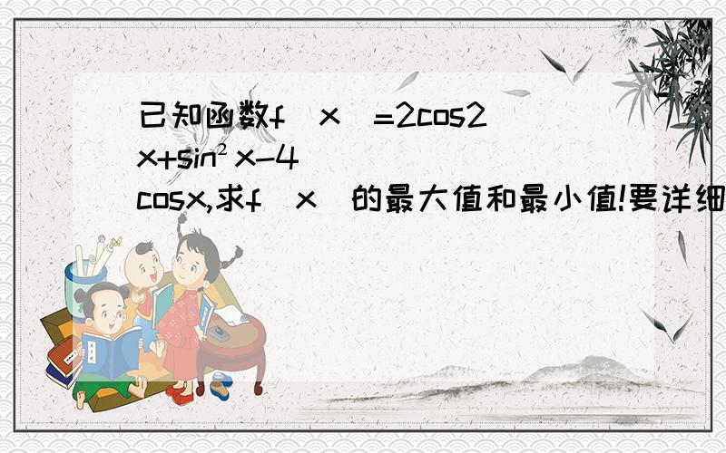 已知函数f(x)=2cos2x+sin²x-4cosx,求f（x）的最大值和最小值!要详细内容!回答好给加分!谢谢