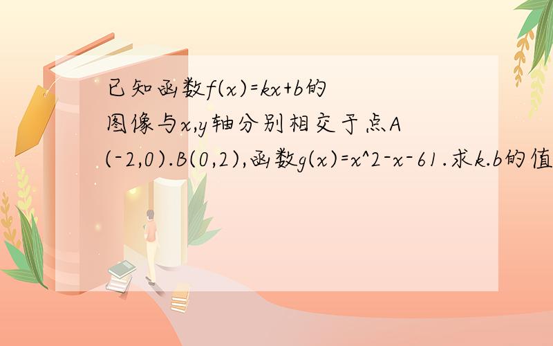 已知函数f(x)=kx+b的图像与x,y轴分别相交于点A(-2,0).B(0,2),函数g(x)=x^2-x-61.求k.b的值2.当x满足f(x)大于g(x),求函数g(x)-f(x)的最大值和最小值