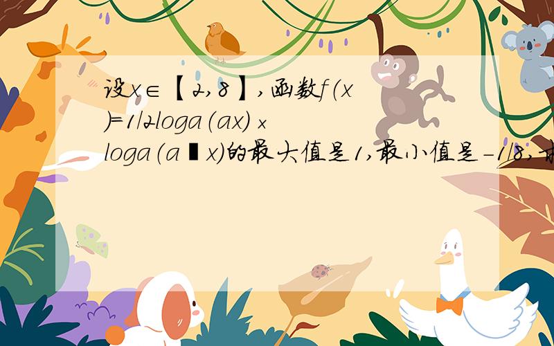 设x∈【2,8】,函数f（x）=1/2loga（ax）×loga（a²x)的最大值是1,最小值是-1/8,求a的值