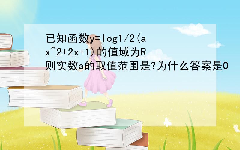 已知函数y=log1/2(ax^2+2x+1)的值域为R则实数a的取值范围是?为什么答案是0