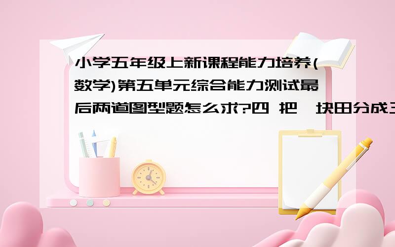 小学五年级上新课程能力培养(数学)第五单元综合能力测试最后两道图型题怎么求?四 把一块田分成三块,分别种三种无害蔬菜,A块比C块大多少平方米? 五  六 如果将梯形运用割补方法可以变成