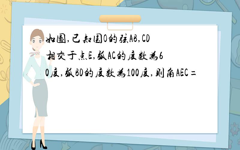 如图,已知圆O的弦AB,CD相交于点E,弧AC的度数为60度,弧BD的度数为100度,则角AEC=