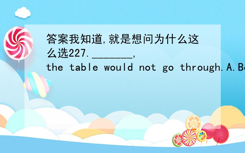 答案我知道,就是想问为什么这么选227._______,the table would not go through.A.Being such a narrow door B.The door being such a narrow oneC.Because it was a so narrow door D.The door being such narrow one235.______rainy,we have to put off