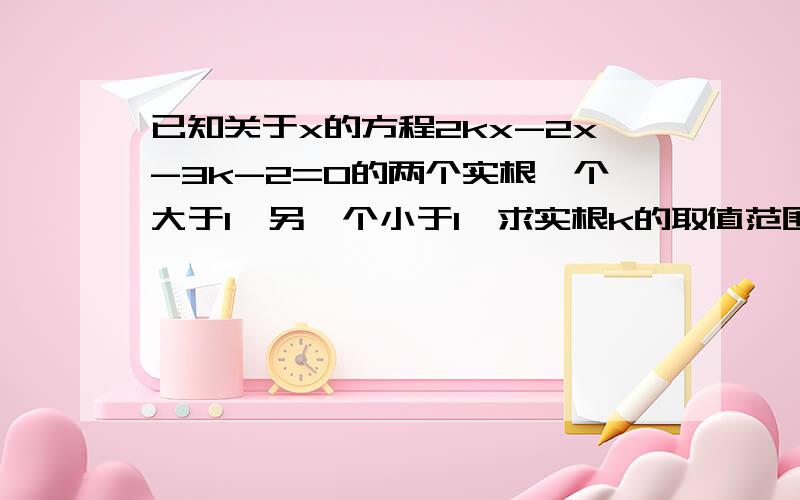 已知关于x的方程2kx-2x-3k-2=0的两个实根一个大于1,另一个小于1,求实根k的取值范围