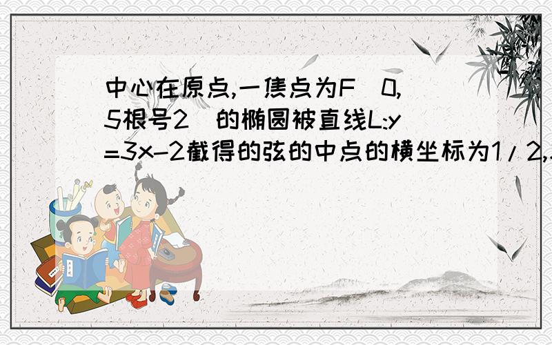 中心在原点,一焦点为F（0,5根号2）的椭圆被直线L:y=3x-2截得的弦的中点的横坐标为1/2,求椭圆方程