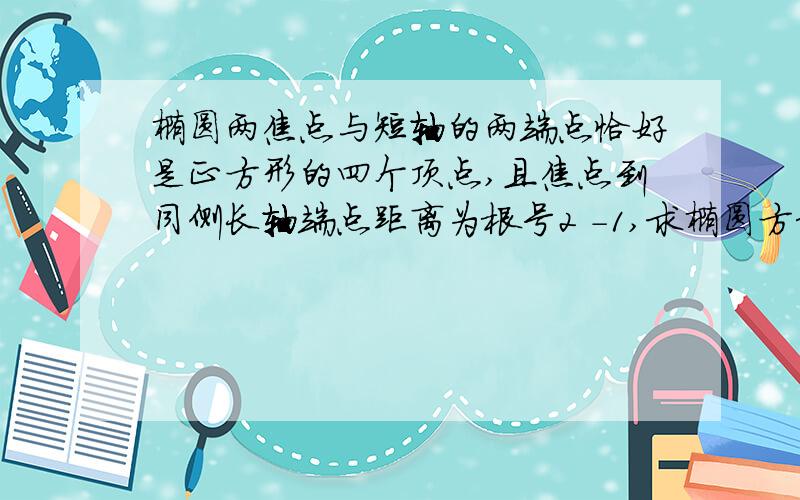 椭圆两焦点与短轴的两端点恰好是正方形的四个顶点,且焦点到同侧长轴端点距离为根号2 -1,求椭圆方程若椭圆的对称轴为坐标轴,两焦点与短轴的两端点恰好是正方形的四个顶点,且焦点到同