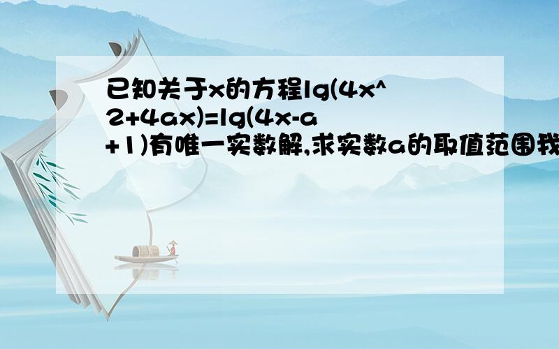 已知关于x的方程lg(4x^2+4ax)=lg(4x-a+1)有唯一实数解,求实数a的取值范围我刚发觉你是抄来的