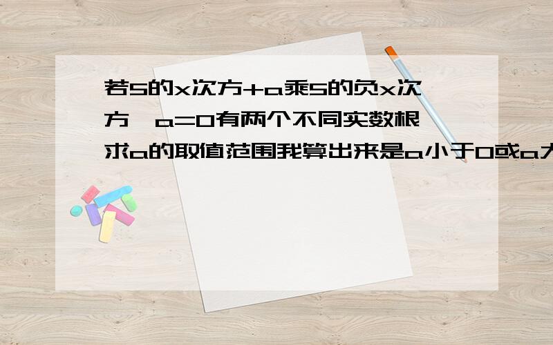 若5的x次方+a乘5的负x次方—a=0有两个不同实数根,求a的取值范围我算出来是a小于0或a大于4