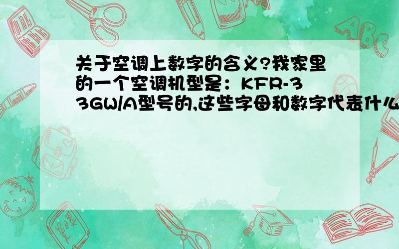 关于空调上数字的含义?我家里的一个空调机型是：KFR-33GW/A型号的,这些字母和数字代表什么意义?是几匹的啊.