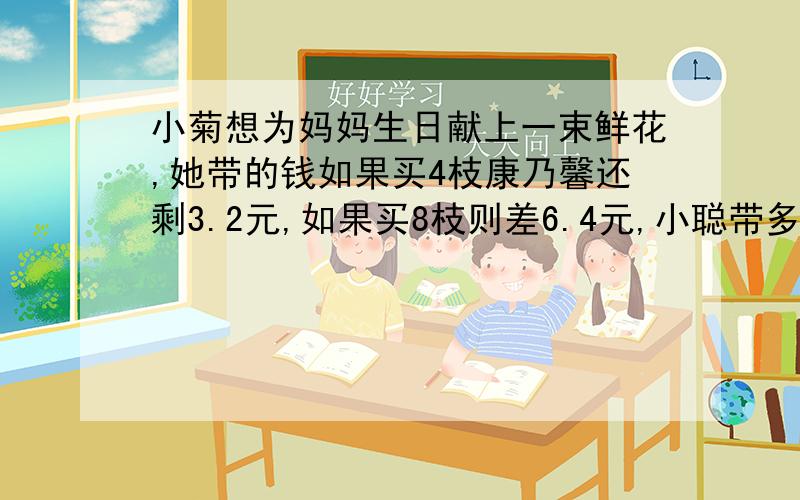 小菊想为妈妈生日献上一束鲜花,她带的钱如果买4枝康乃馨还剩3.2元,如果买8枝则差6.4元,小聪带多少钱小菊想为妈妈生日献上一束鲜花,她带的钱如果买4枝康乃馨还剩3.2元,如果买8枝则差6.4元,