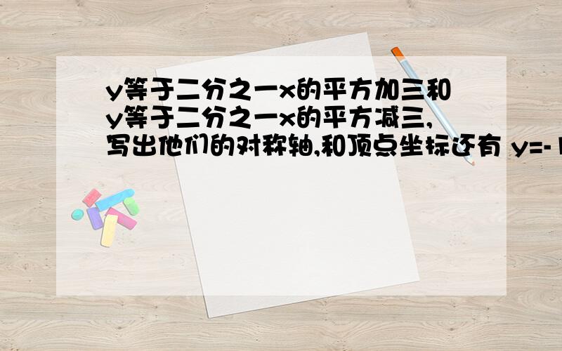 y等于二分之一x的平方加三和y等于二分之一x的平方减三,写出他们的对称轴,和顶点坐标还有 y=-1/3 （x+2）平方 和 还有 y=-1/3 （x—2）平方