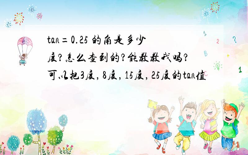 tan=0.25 的角是多少度?怎么查到的？能教教我吗？可以把3度，8度，15度，25度的tan值