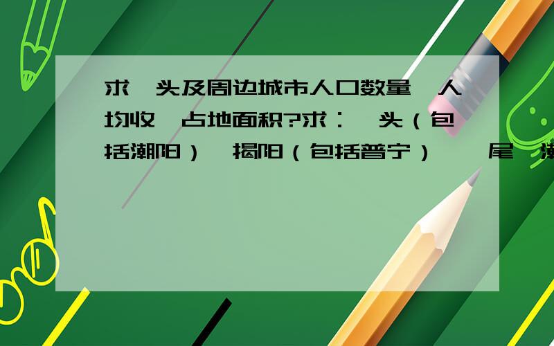 求汕头及周边城市人口数量、人均收、占地面积?求：汕头（包括潮阳）、揭阳（包括普宁）、汕尾、潮州、梅州（包括兴宁）,这几个地方的人口数量、人均收入、城市占地面积?最好是2009年