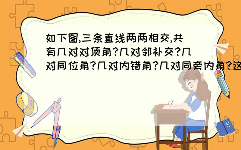 如下图,三条直线两两相交,共有几对对顶角?几对邻补交?几对同位角?几对内错角?几对同旁内角?这是浙江省七下学习方法指导丛书 1.2 同位角、内错角、同旁内角