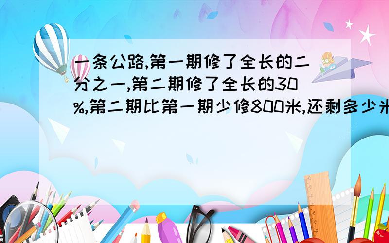 一条公路,第一期修了全长的二分之一,第二期修了全长的30%,第二期比第一期少修800米,还剩多少米没修?