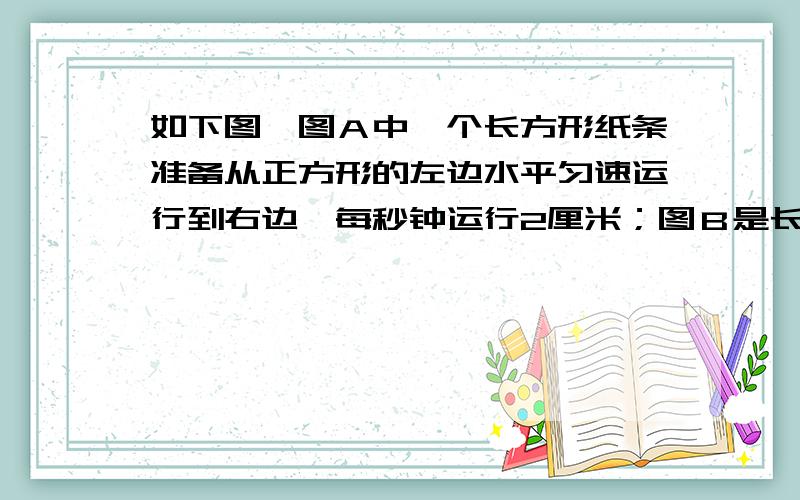 如下图,图Ａ中一个长方形纸条准备从正方形的左边水平匀速运行到右边,每秒钟运行2厘米；图Ｂ是长方形运行过程中与正方形重叠面积的部分关系图.1、运行4秒后,重叠面积是多少平方厘米?2