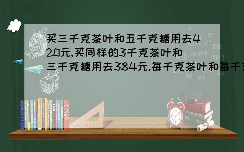 买三千克茶叶和五千克糖用去420元,买同样的3千克茶叶和三千克糖用去384元.每千克茶叶和每千克糖各多少元某灯具商店卖出4只 吊灯和9只台灯,共收款494元.已知2只吊灯的价钱与5只台灯的价钱