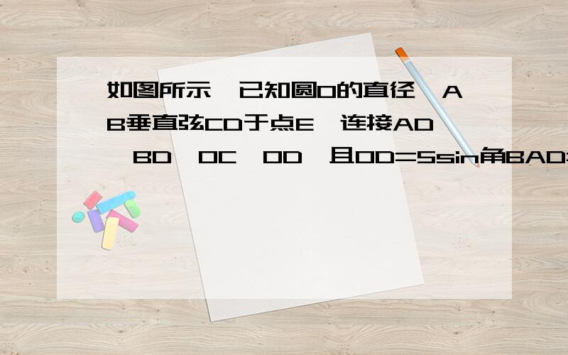 如图所示,已知圆O的直径,AB垂直弦CD于点E,连接AD,BD,OC,OD,且OD=5sin角BAD=3比5,求cd的长2若角ADO：角EDO=4：1,求扇形OAC的面积（阴影）