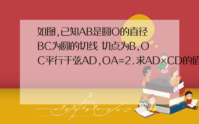 如图,已知AB是圆O的直径 BC为圆的切线 切点为B,OC平行于弦AD,OA=2.求AD×CD的值