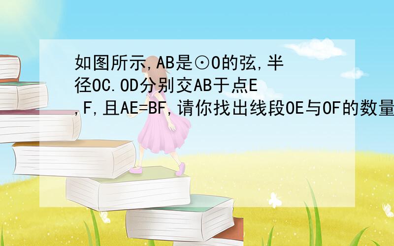 如图所示,AB是⊙O的弦,半径OC.OD分别交AB于点E,F,且AE=BF,请你找出线段OE与OF的数量关系,并给予证明