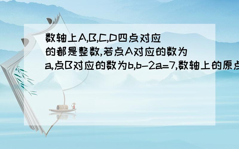 数轴上A,B,C,D四点对应的都是整数,若点A对应的数为a,点B对应的数为b,b-2a=7,数轴上的原点是A,B,C,D中哪点,为什么?——.——.——.——.——.——.——.——.——A B C D