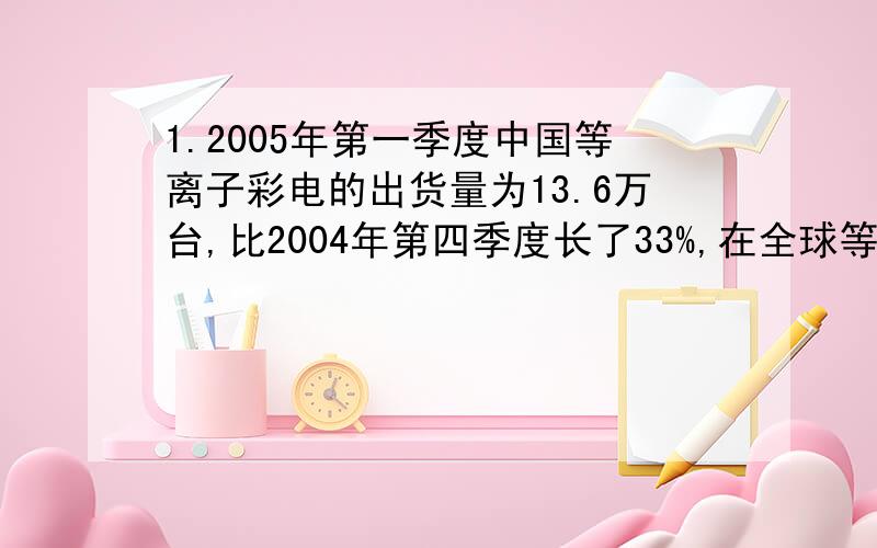 1.2005年第一季度中国等离子彩电的出货量为13.6万台,比2004年第四季度长了33%,在全球等离子彩电市场的份额已经从9%提高到了15%.求2004年第四季度中国等离子彩电的出货量.（精确到0.1万台）2.