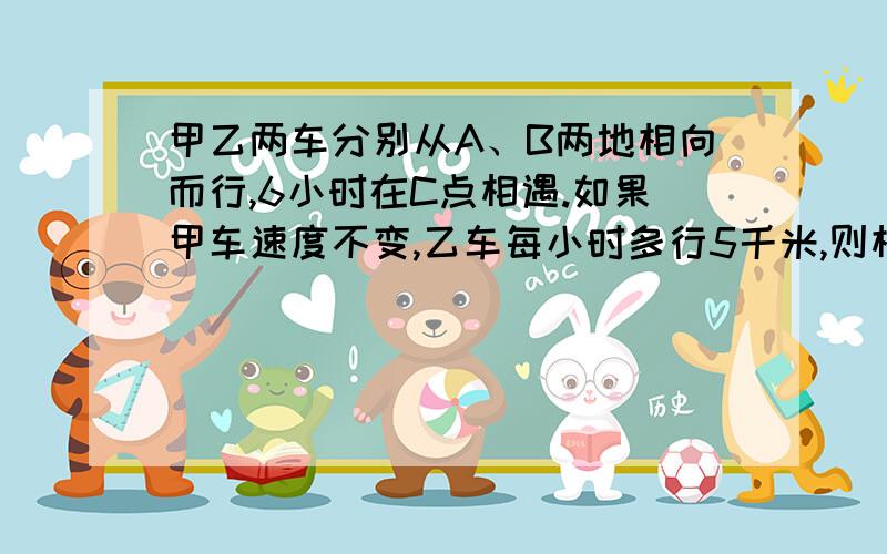 甲乙两车分别从A、B两地相向而行,6小时在C点相遇.如果甲车速度不变,乙车每小时多行5千米,则相遇点离C点12千米.如果乙车速度不变甲车每小时多行5千米则距离C点16千米,甲车的速度是多少?