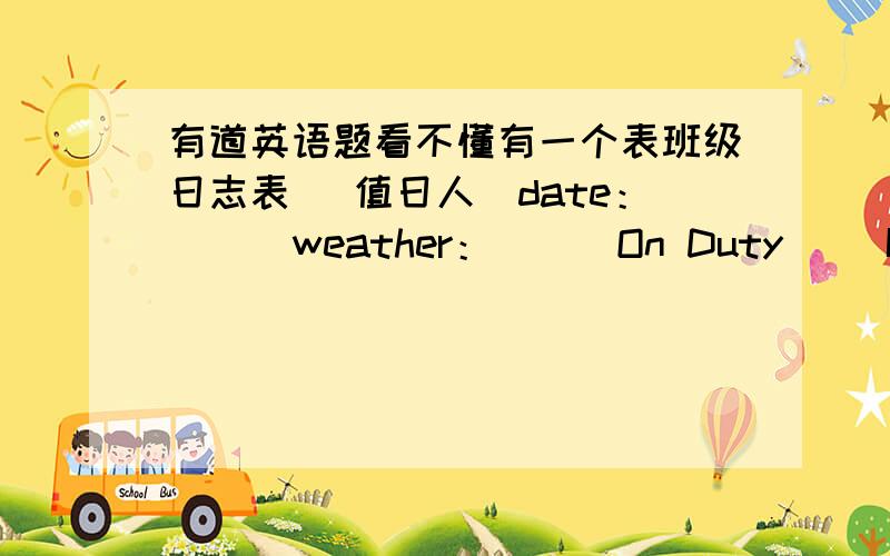 有道英语题看不懂有一个表班级日志表 （值日人）date：（ ） weather：（ ） On Duty( )In the morning,we have English ciass,( ).In the afternon,( ).填什么啊