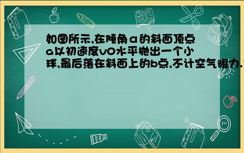 如图所示,在倾角α的斜面顶点a以初速度v0水平抛出一个小球,最后落在斜面上的b点,不计空气阻力.求小球在空中运动的时间t及到达B点多的速度大小v1?