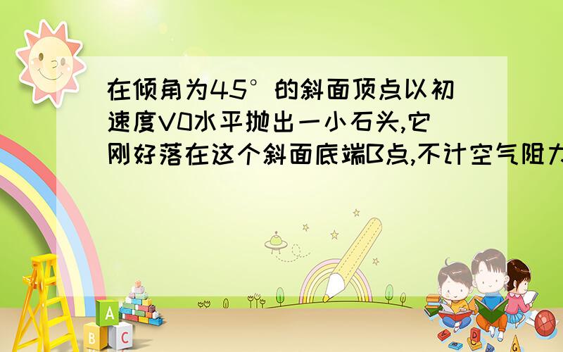 在倾角为45°的斜面顶点以初速度V0水平抛出一小石头,它刚好落在这个斜面底端B点,不计空气阻力,求: 1,小石头的运动时间 2,斜面的长度 3,小石头运动到B点的速度大小