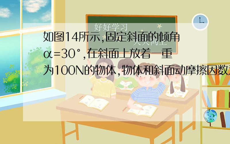 如图14所示,固定斜面的倾角α=30°,在斜面上放着一重为100N的物体,物体和斜面动摩擦因数为0.5如果物体静止不动,则物体收到的摩擦力大小和方向,   如果物体沿斜面下滑,则物体收到的摩擦力.